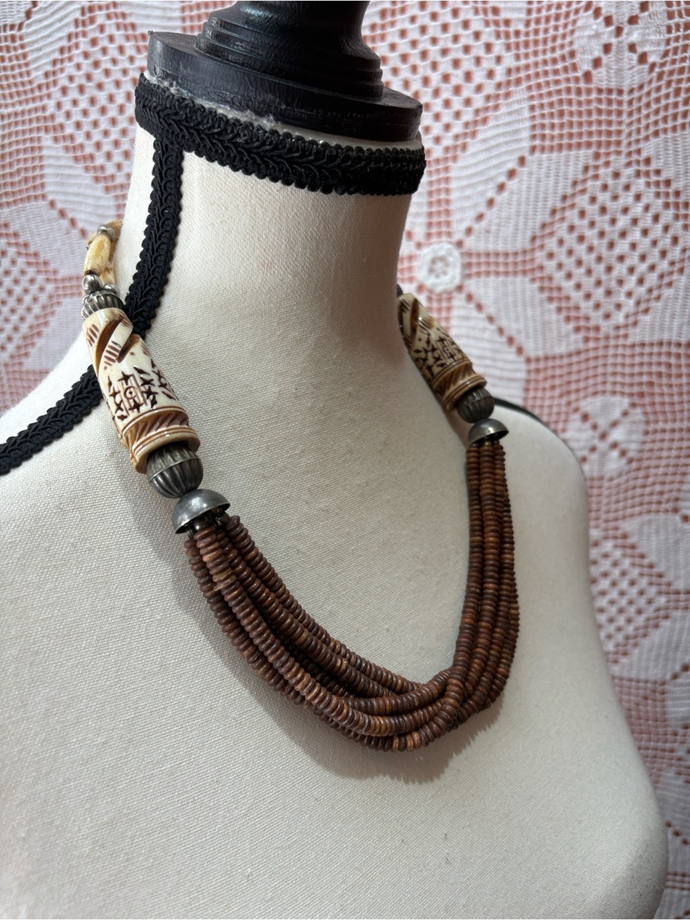 Wood & Bone Multi-Strand Statement Necklace